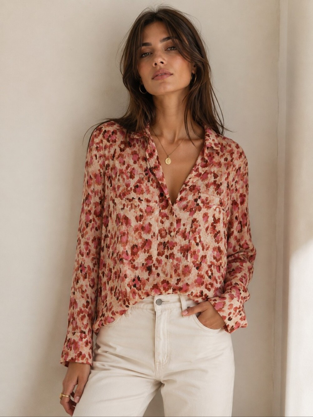 Mango Pink and Brown Leopard-Print Button-Down Shirt